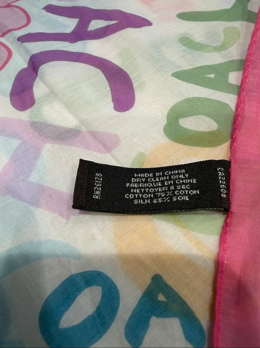 Coach Multicolor Floral Logo Sheer Scarf with Pink Trim